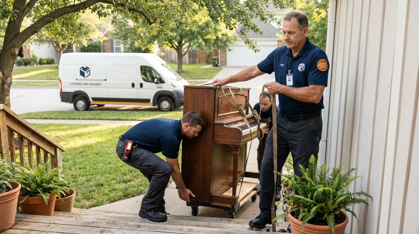 Licensed piano movers securing grand piano in Troy, MI