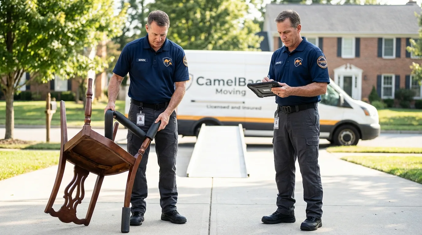 Movers inspecting furniture for damage prevention before loading in Troy, MI